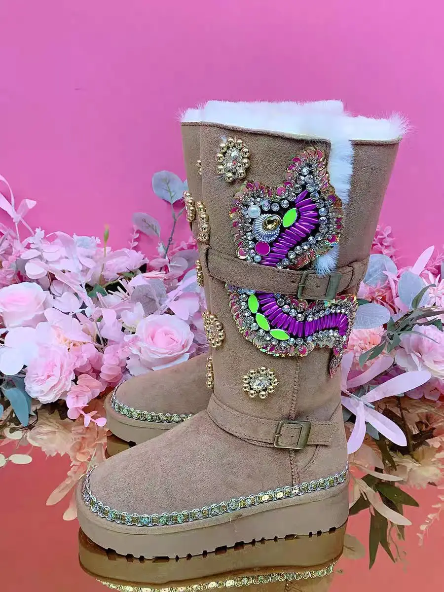 Luxurious beaded water diamond sequined lace snow boots, thick-soled fur one-piece comfortable women's cotton shoes 35-39