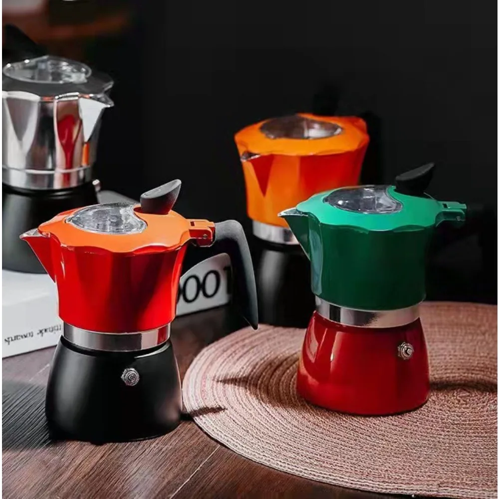 New Double Color Transparent Lid Moka Pot-Italian Style Stovetop Espresso Maker for Beginners,Octagonal Design Coffee Percolator
