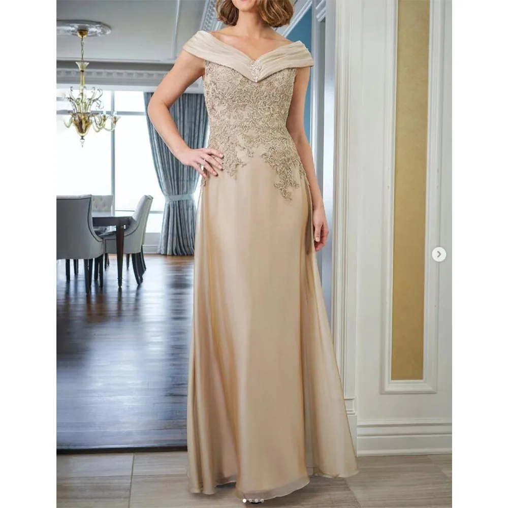 

Bowith Champagne Mother of The Bride Dresses V Neck Elegant Evening Dress Formal Gala Dress with Embroidery فساتين مناسبة رسمية