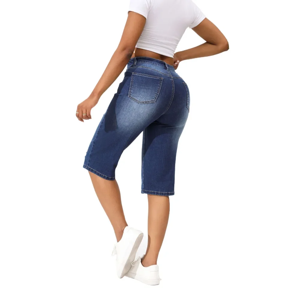

Mid-length Washed Ripped High Waist Women Jeans. New Summer Casual and Loose Comfortable Straight-leg Seven-inch Jeans for Women