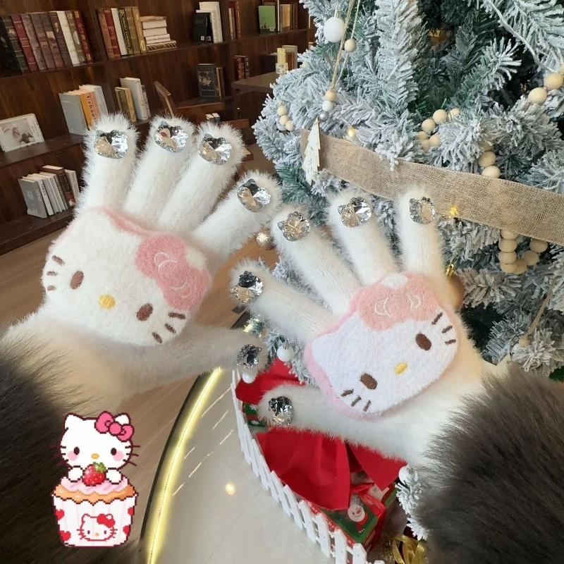 ถุงมือซานริโอ้ เฮลโล คิตตี้ แบบหนาสำหรับฤดูหนาว ถุงมือแบบไม่มีนิ้วลายการ์ตูน ถุงมือแบบนิ้วเปิด นุ่ม ยืดหยุ่น สวมใส่สบาย ถุงมือสำหรับปั่นจักรยาน