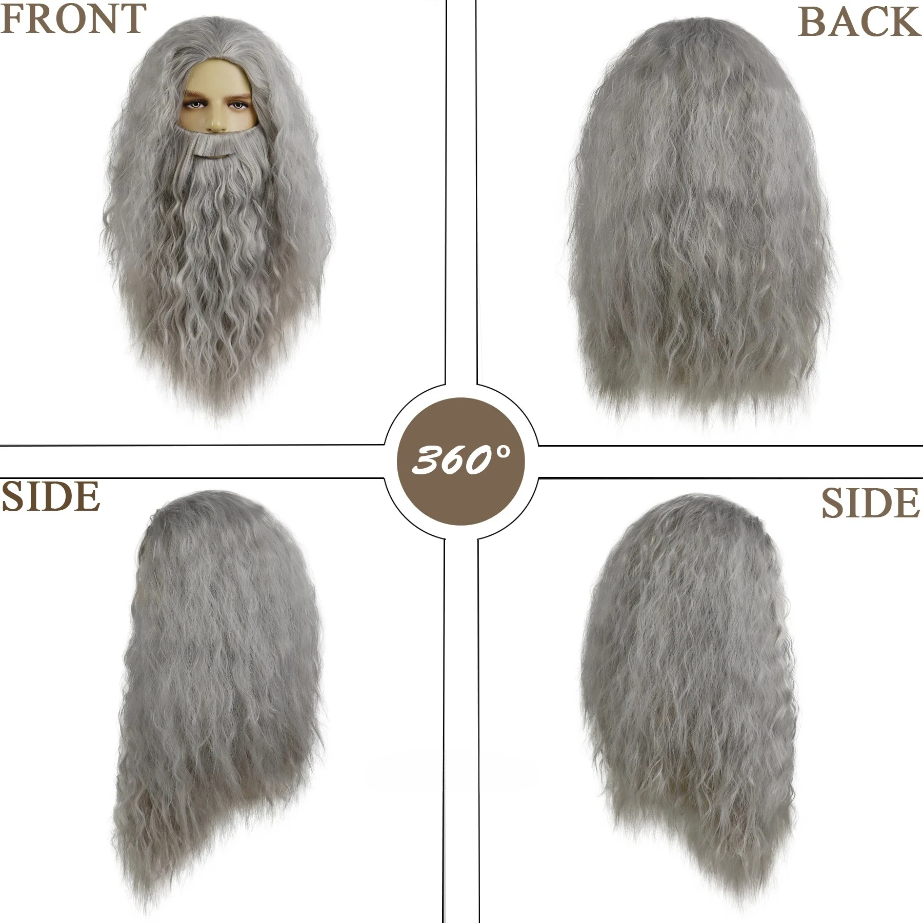 Dumbledore Cosplay Wig Synthetic Hair Halloween School Gandalf Wizard Costume Wig Man Albus Long Wave Grey Beard Wigs for Men - Image 3