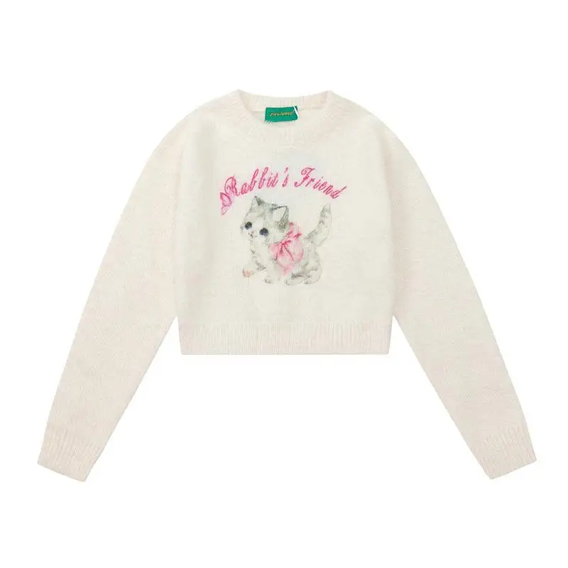 

Japanese Sweet Cute Cat O-neck Y2k Clothes Knit Sweater Women Crop Tops Pullover Soft Chic Short Sweater Harajuku Streetwear New