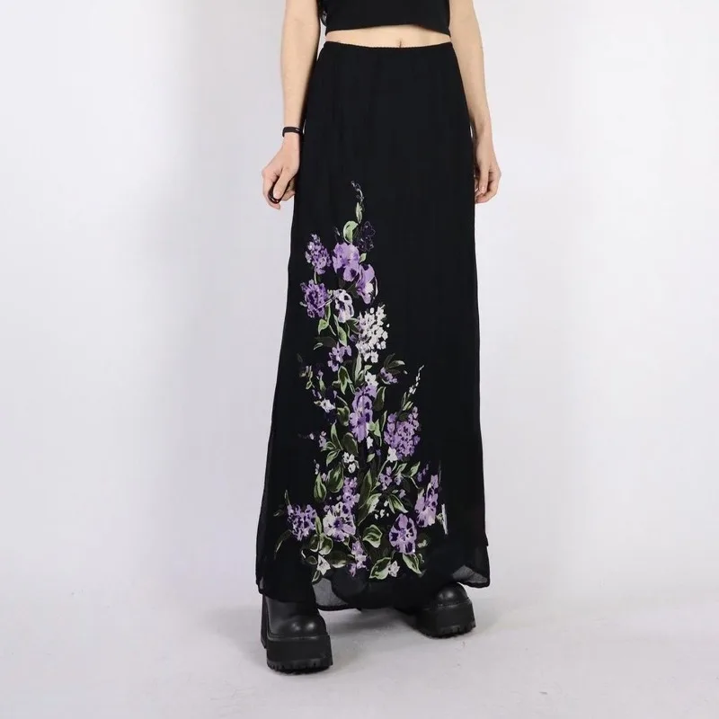 

Vintage Long Skirts Women Floral Printed Mesh Patchwork High Waist Temperament Elegant Y2k Fashion Skirt Casual
