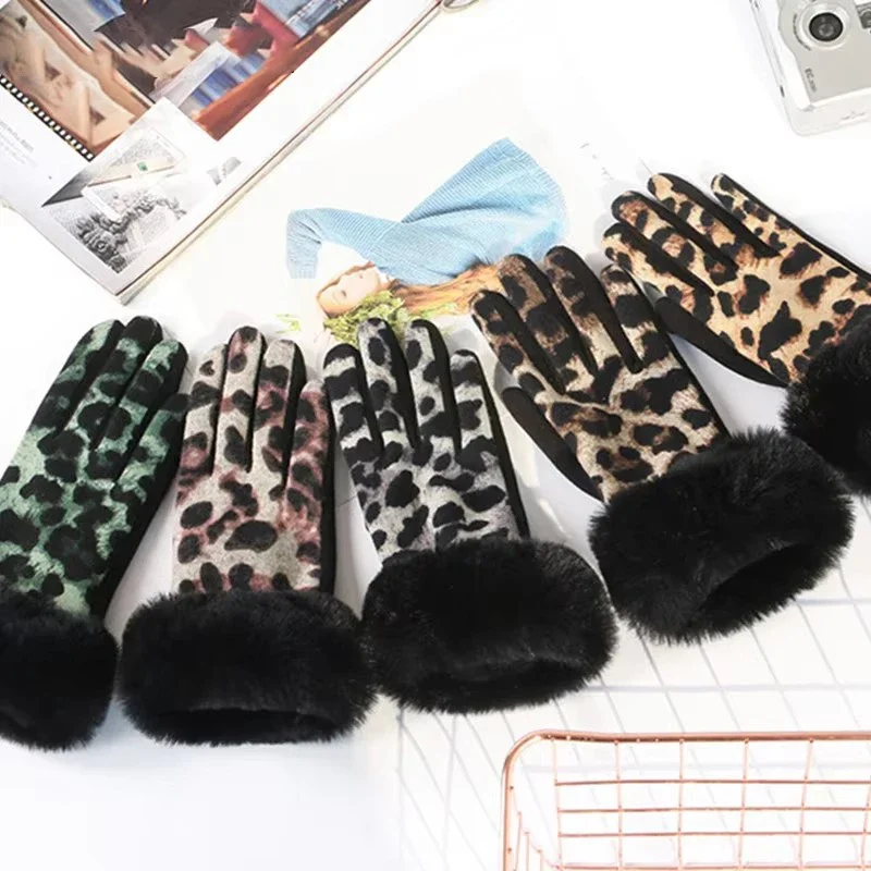 ヴィンテージファッションヒョウ柄手袋レディースヒョウ柄ソフトタッチスクリーン手袋冬暖かいソフトタッチスクリーン手袋