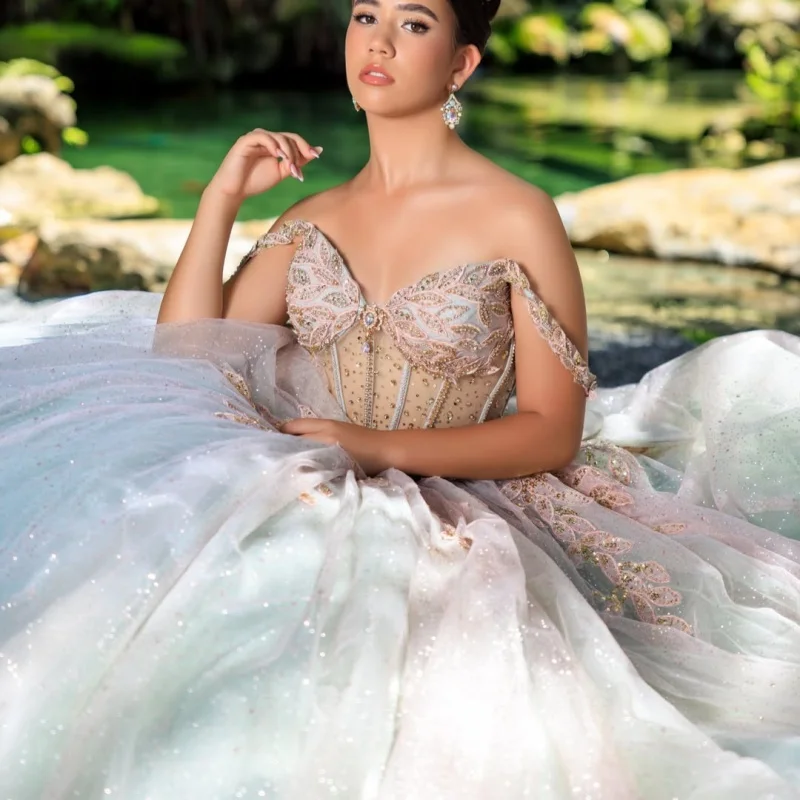 

Shiny Light Green Quinceanera Dress off-shoulder Crystal Glitter Decal Lace Long tail Bow vestidos de 15 Quinceanera ﻿Customize