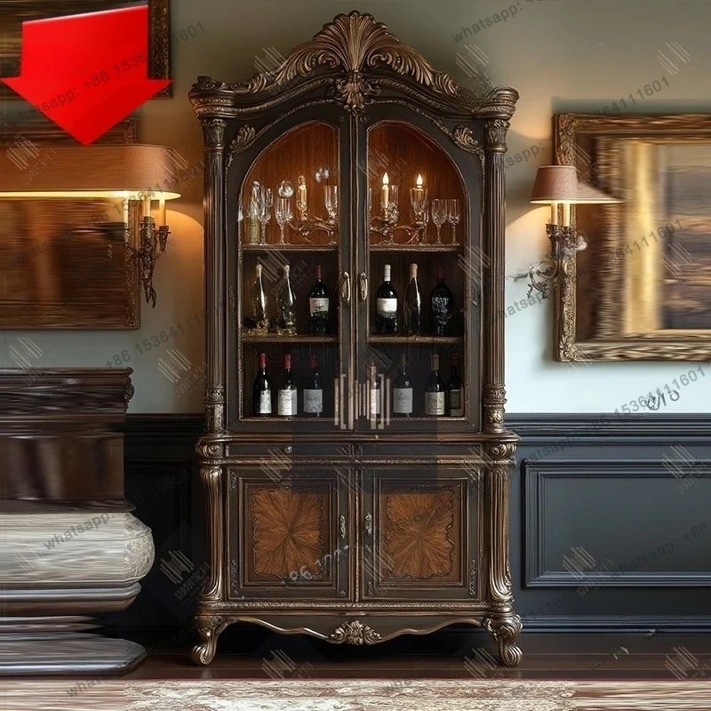 خزانة مشروبات من الخشب الصلب الفرنسي بباب مزدوج وخزانة زجاجية مزخرفة وأرضية خزانة حائط لغرفة المعيشة #1