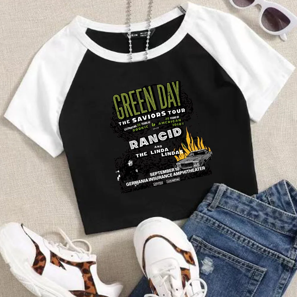 Green Day The Saviors Smashing Pumpkins 2024 Tour Crop Tops T-Shirt Women Girls Fashion O-Neck Short Sleeves Fans Gift Tops