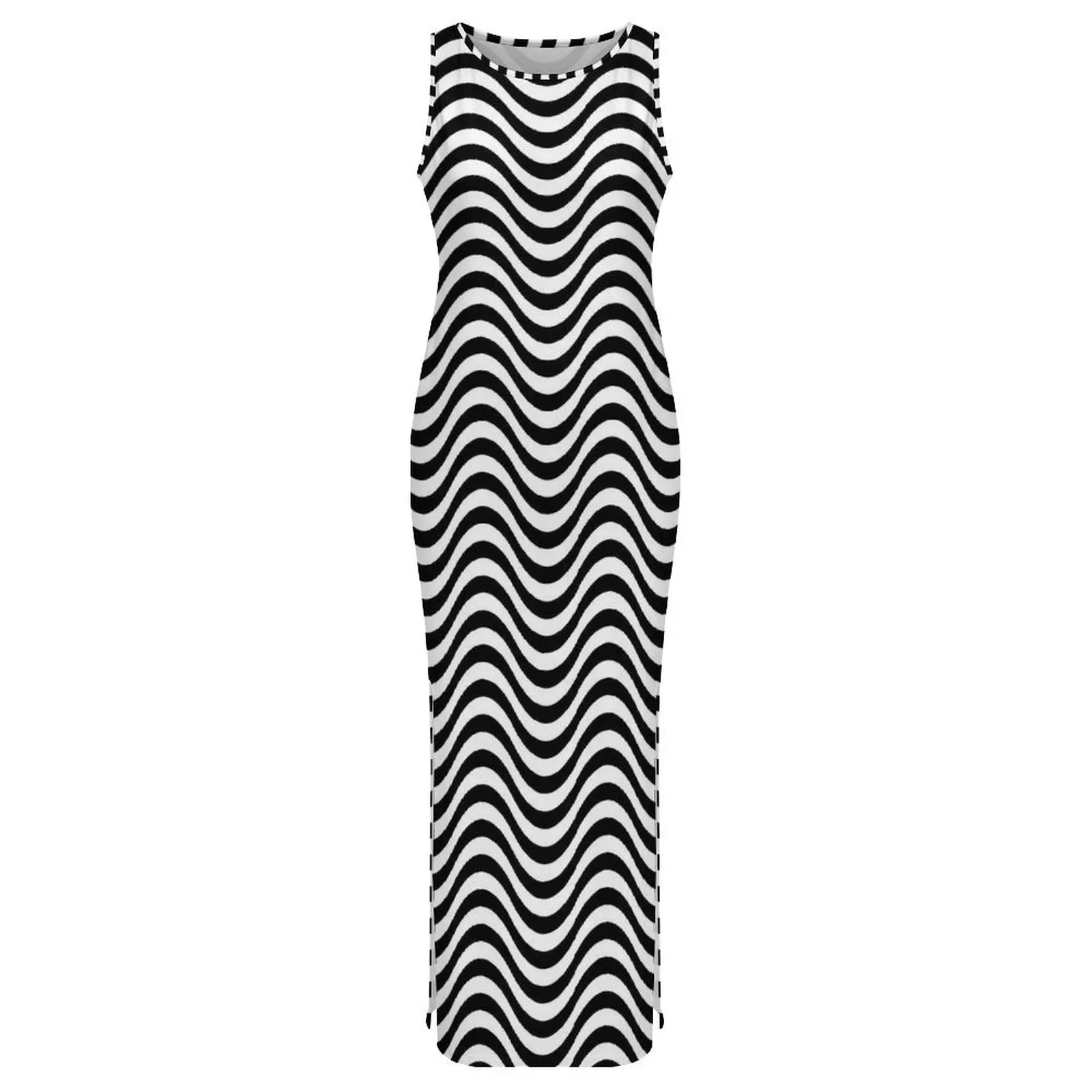 흑백 웨이브 드레스 민소매 줄무늬 미적 맥시 드레스 우아한 Bodycon 드레스 여성 인쇄 대형 Vestidos