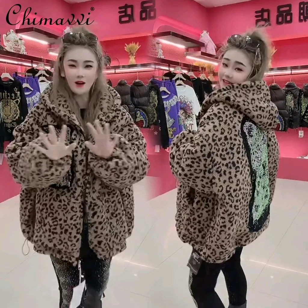 Winter New Fashion Cotton Thickened European Heavy Leopard Print Hot Diamond Large Size Cotton Clothes Warm Streetwear Jackets