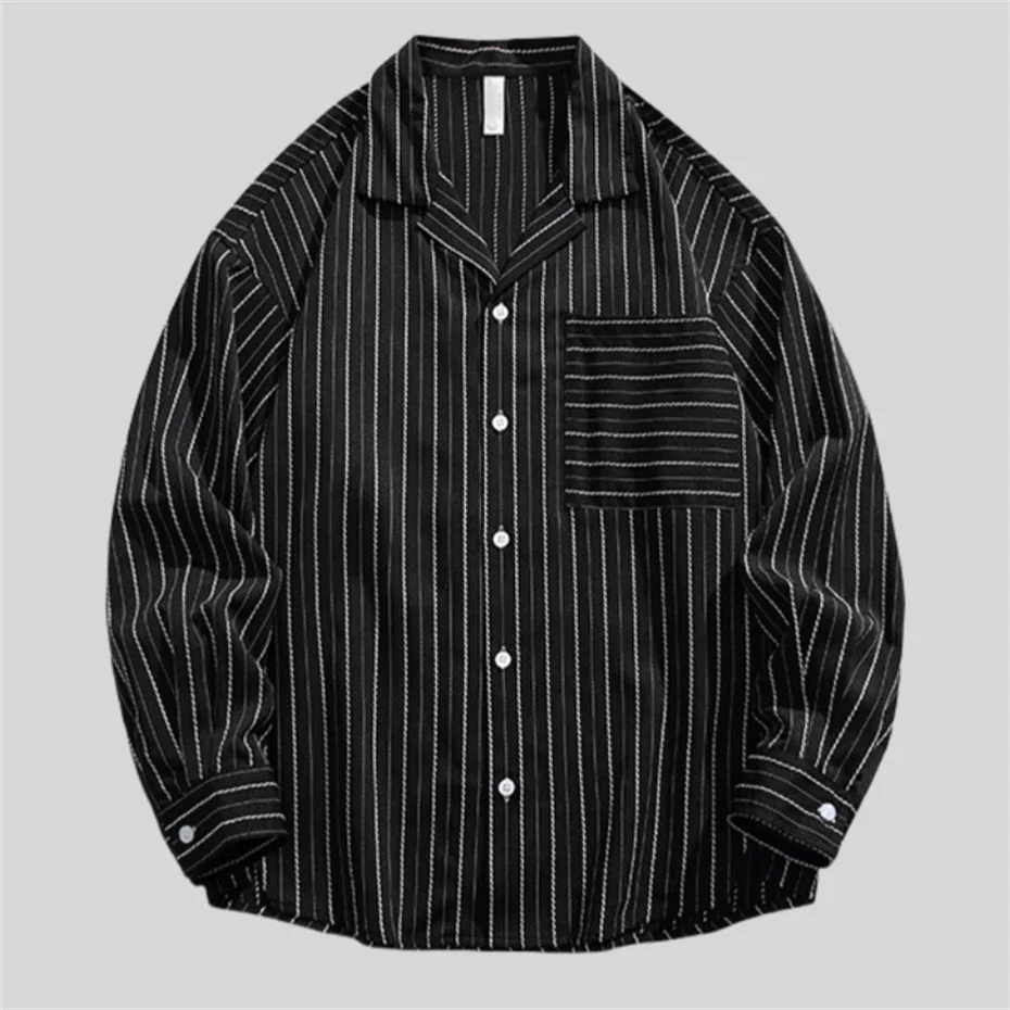 

Fashion Korean Striped Shirt Mens Casual Loose High Quality Pocket Shirts Spring Autumn Long Sleeve Mens Clothing Black Couple