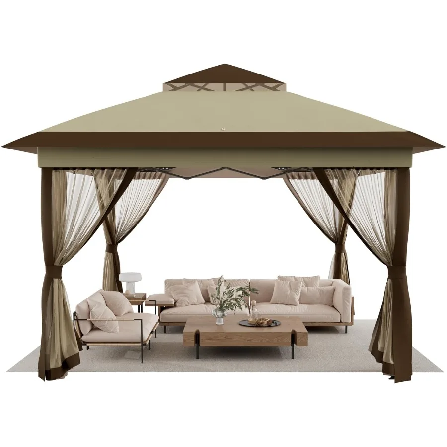 Pop Up Gazebo Canopy Tent with Mesh Netting, Beige and Coffee