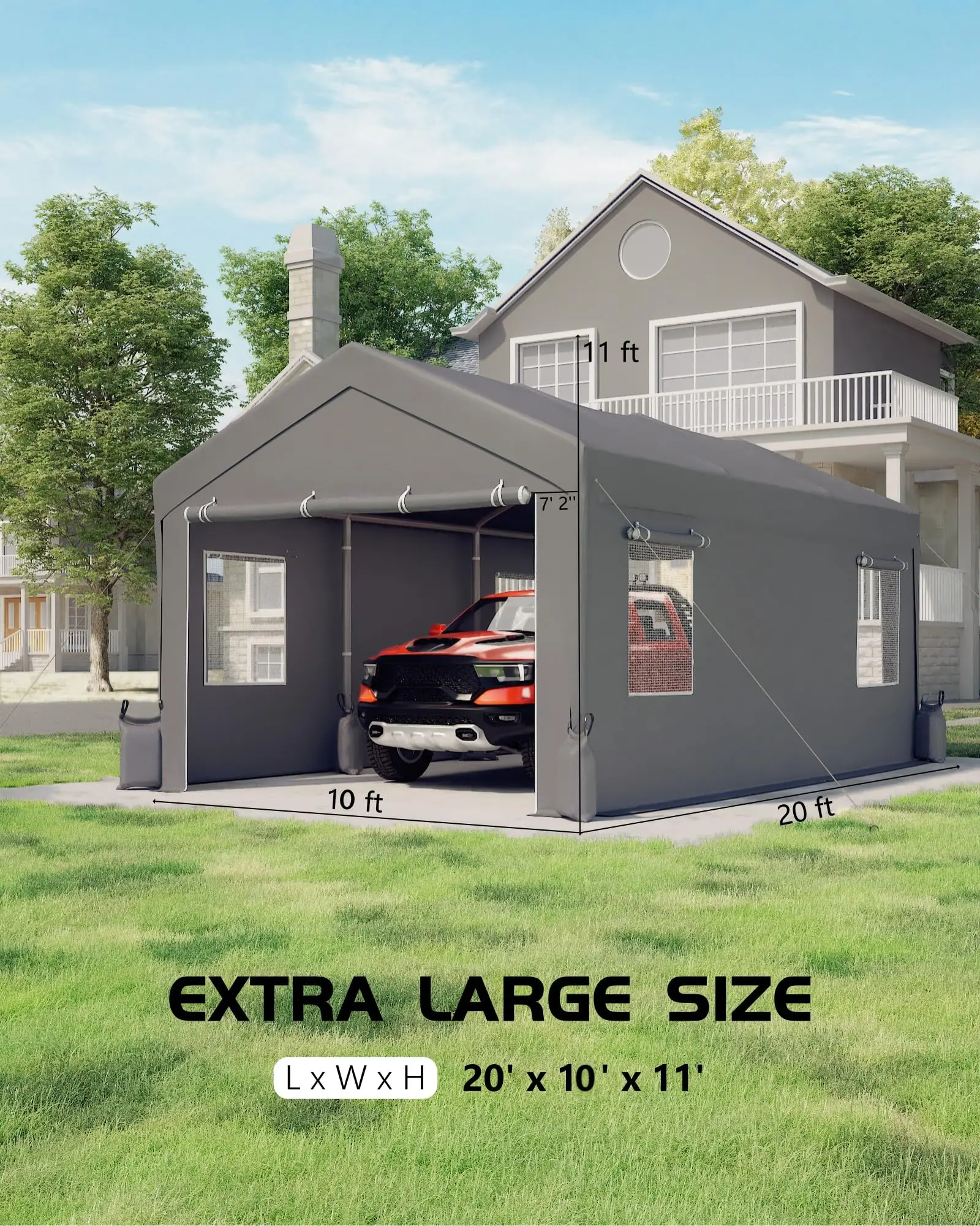 10x20x11 ft Heavy-Duty Portable Carport, Upgraded Extra-Large Space with Roll-Up Ventilated Windows, All-Season Waterproof UV-Resistant Canopy, Outdoor Shelter for Trucks and Boats