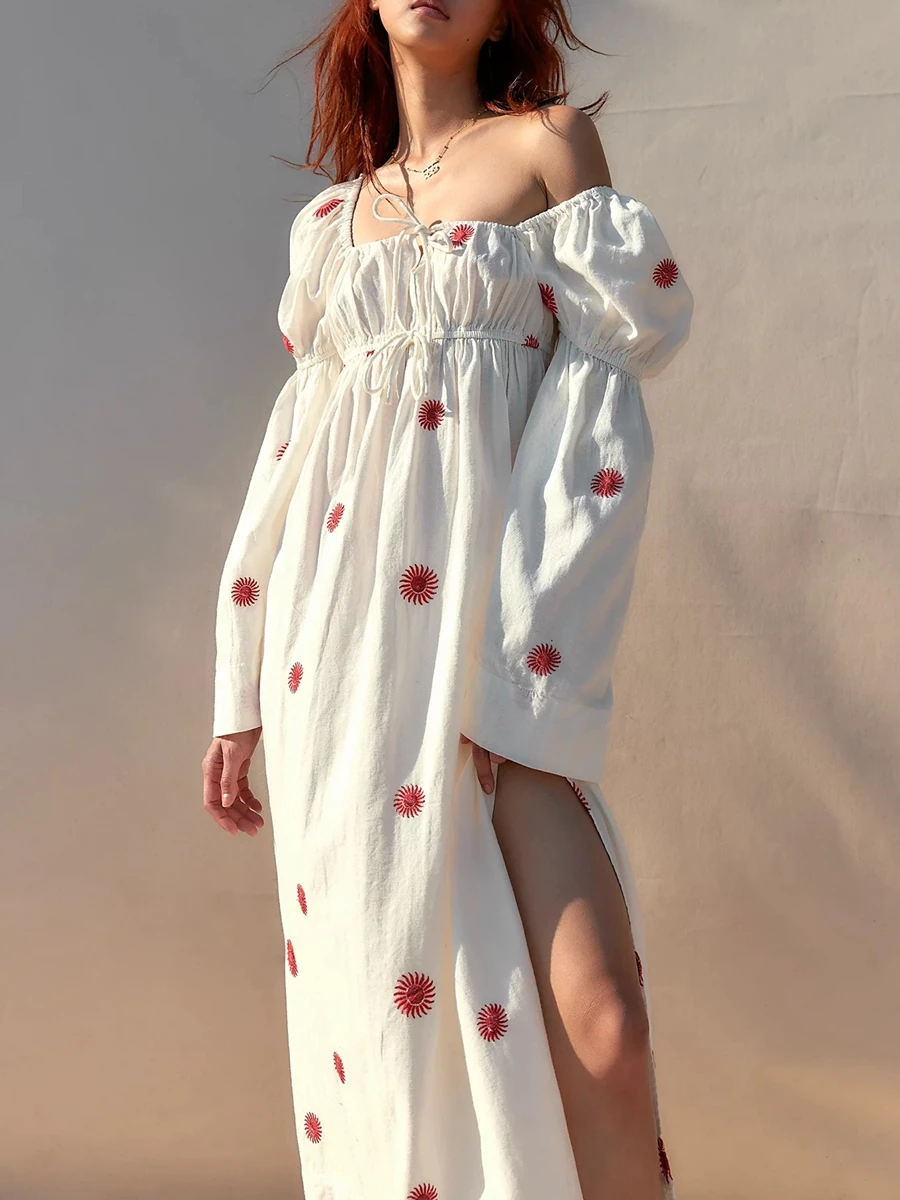 Women Floral Embroidered Midi Dress Long Flare Sleeve Tie up Square Neck Bohemian Flowy Dress Split Hem Linen Sundress