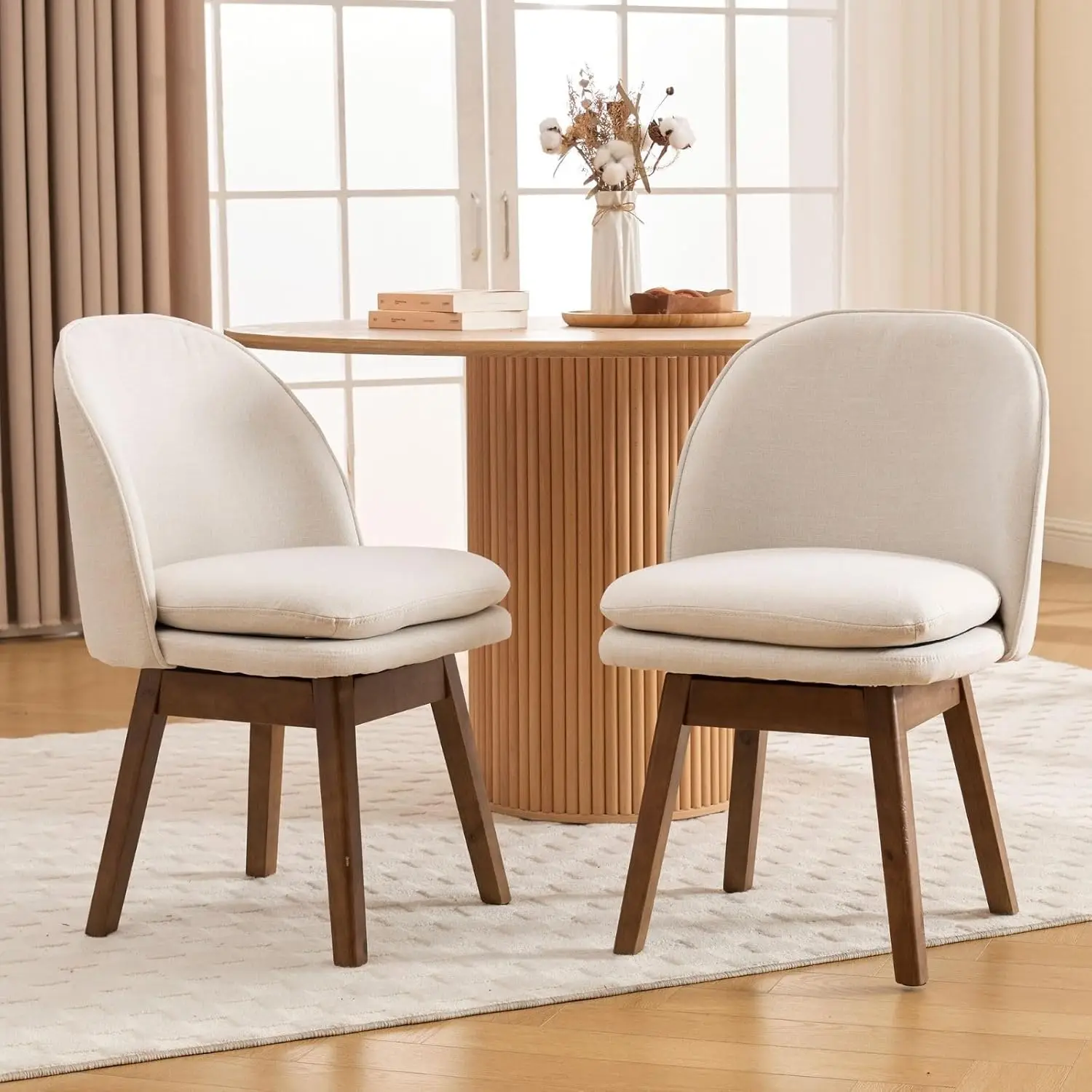 

Dining Chairs Set of 2 Beige Upholstered Kitchen Chairs Mid Century Modern Dining Room Chairs with Linen Fabric Cushion &