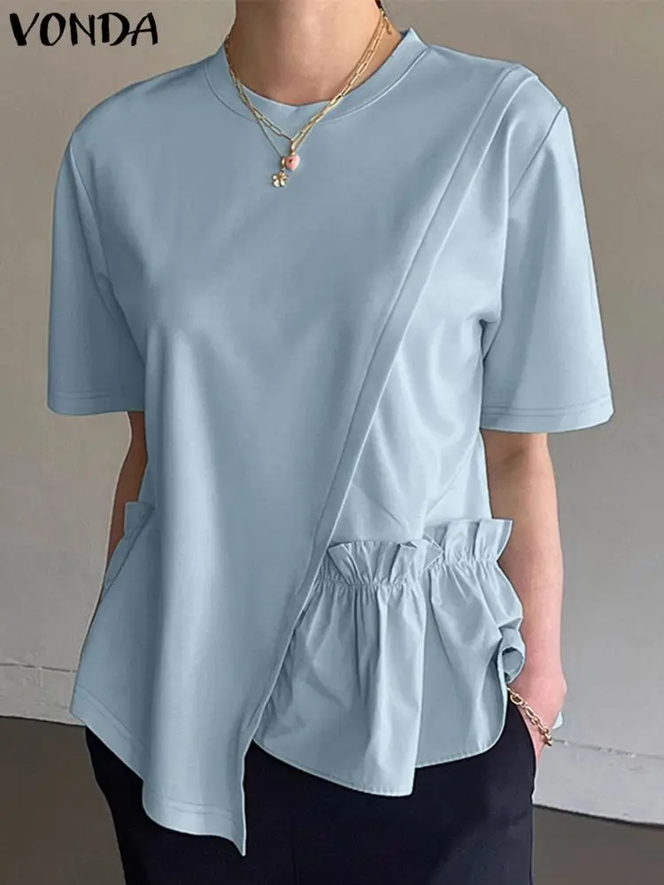 

2024 VONDA элегантные летние блузки для женщин с коротким рукавом женская Повседневная Свободная однотонная блузка с круглым вырезом женские модные топы