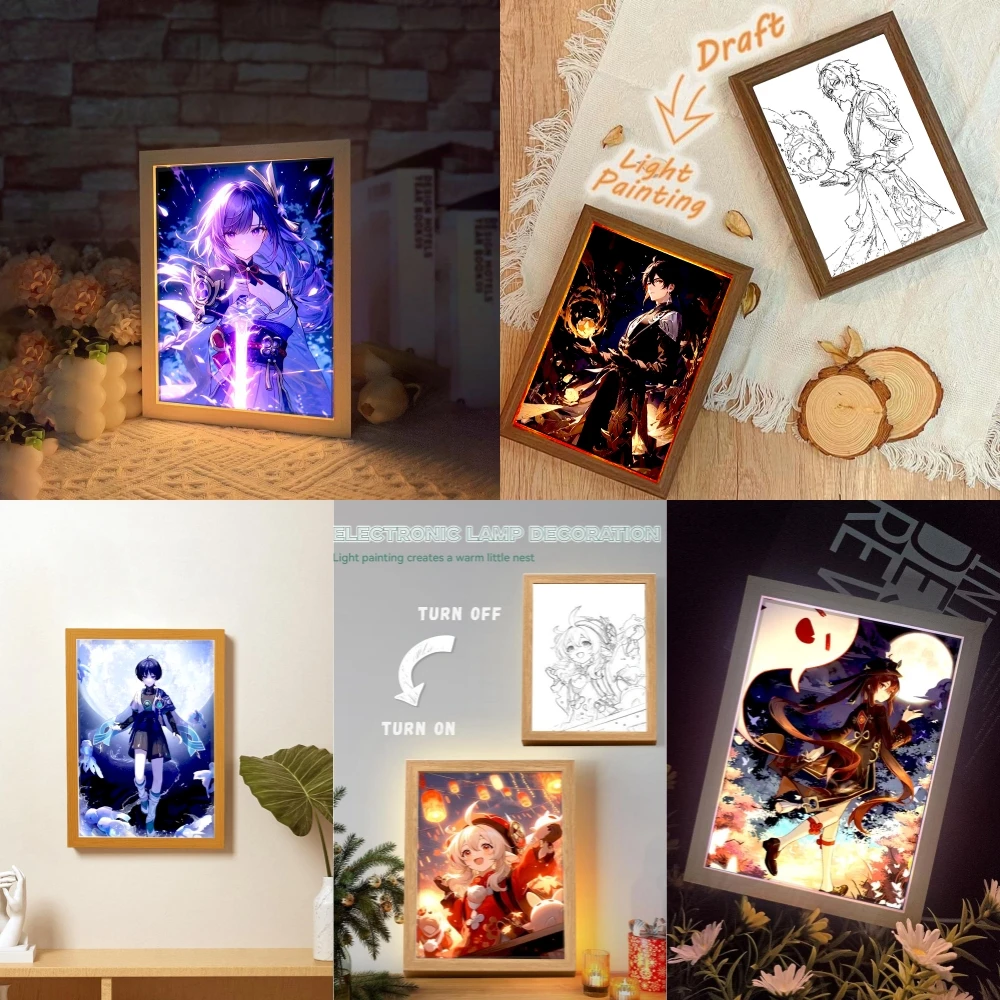 Anime Figure Genshin Impact Light Painting Photo Frame  Raiden Shogun Action Led Night Light Room Decor Christmas Gift Moon Lamp