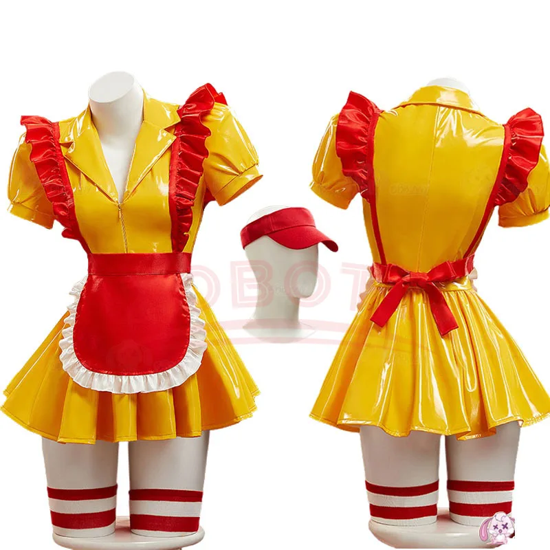 

Anime MC Cosplay Doujin Donald's Clothes Sexy Women PU Waitress Apron Uniforms Yellow Sexy Halloween Party Clothes Outfit
