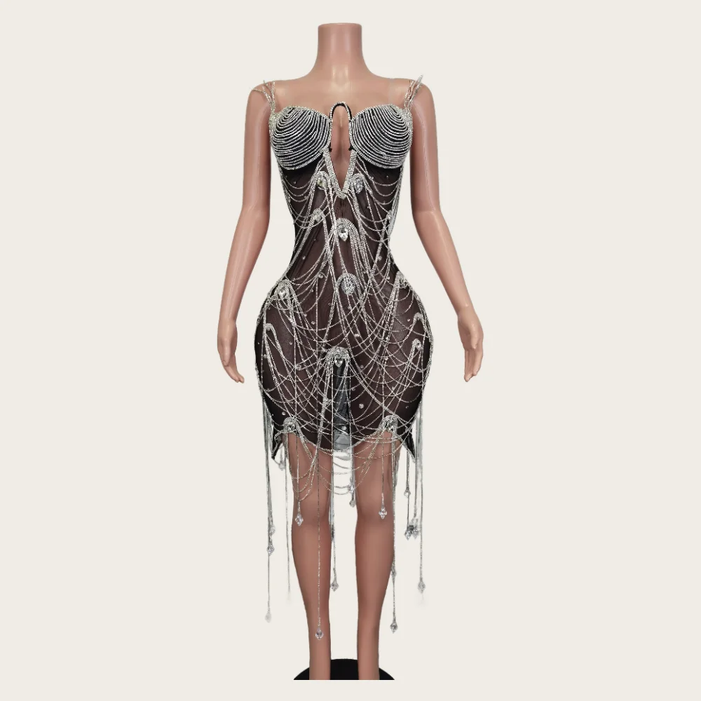 

Сексуальное черное прозрачное Сетчатое женское платье, блестящее бриллиантовое платье с цепочкой и кисточками, женское вечернее платье для выпускного клуба, сценические костюмы для фотосессии