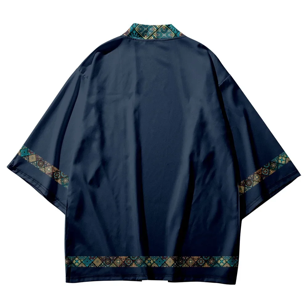 Unisex Ethnic Geometric Tile Print Kimono Cardigan Open Front Haori 3/4 Sleeve Loose Boho Casual Outerwear Tops