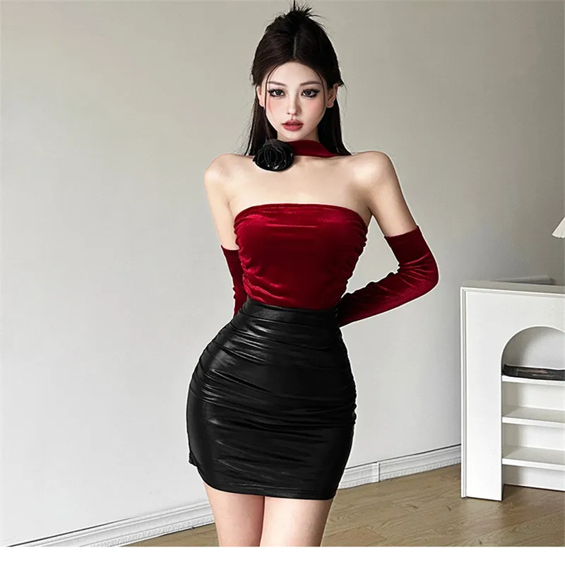 Mini vestido de fiesta de retazos de cuero PU con cuello Halter Sexy sin tirantes para niña pequeña, vestido de tubo con contraste de Color a la moda de verano 2025