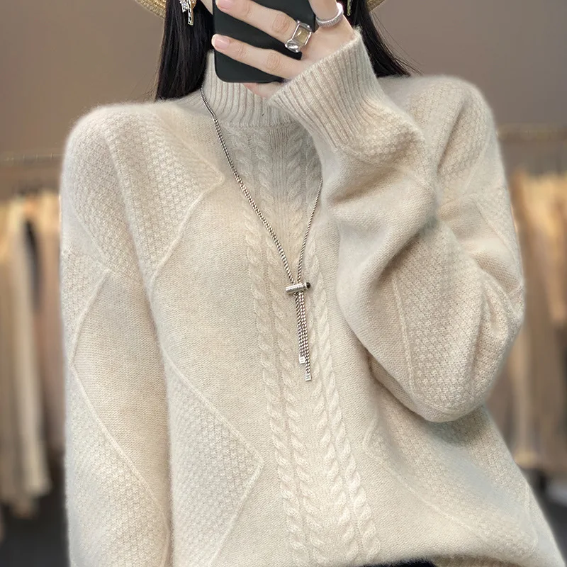 2024 Autumn/Winter New 100 Wool For Women's Casual Loose Solid Color Half High Collar Twisted Wer Knitted Sweater Base