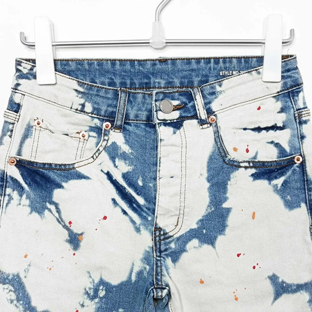 New Jeans Men Fashion Retro wash Light Blue Splashing ink graffiti print personalized dilapidated Elastic Skinny Ripped Jeans