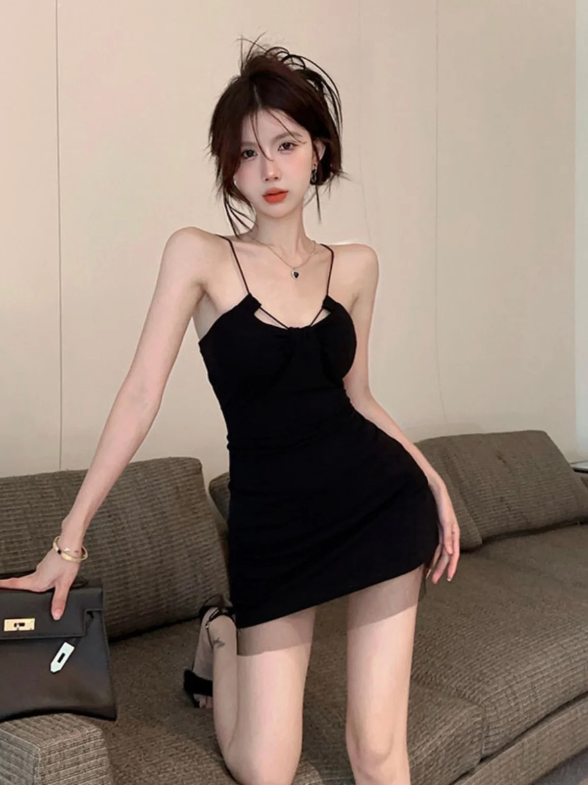 

Pure Desire Sexy Girl Mesh Strap Dress Women's Summer New Sexy Waist Cinching Bodycon Short Skirt High Waist Hollow out Backless