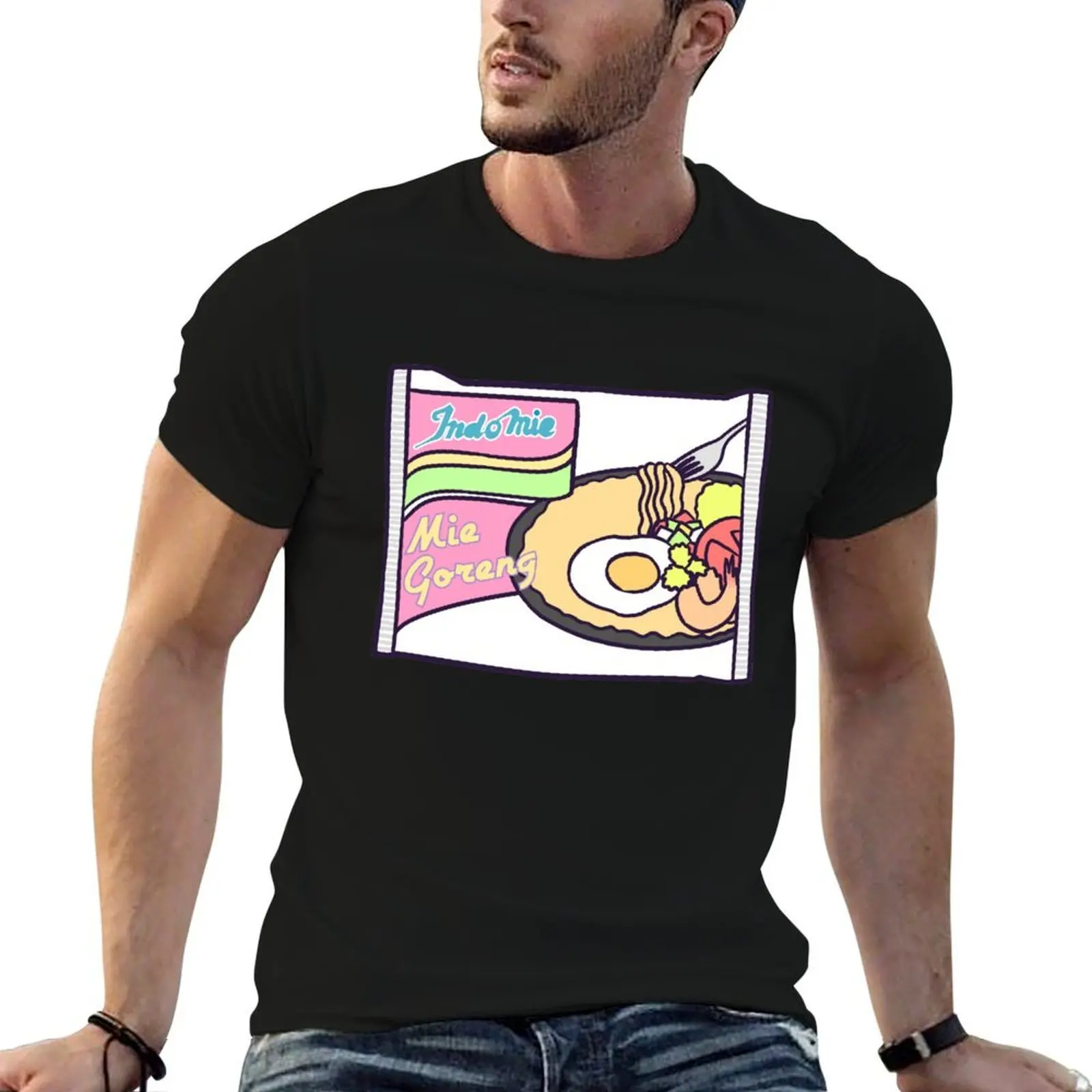 Indomie mie goreng camiseta pastel Camiseta de algodón 100% Camiseta de algodón negro liso para hombre paquete camiseta