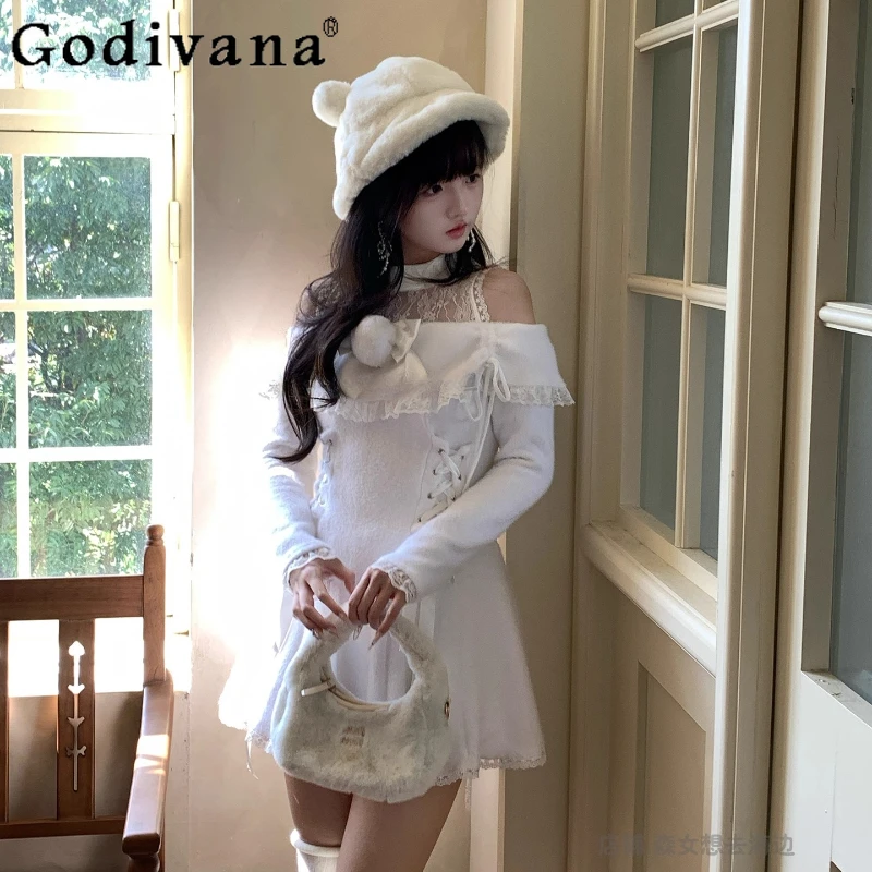 

Off Shoulder Japanese Style Pom Dress for Women Original New Clear Gentle Cute Dress Female Autumn Winter Lolita Dress
