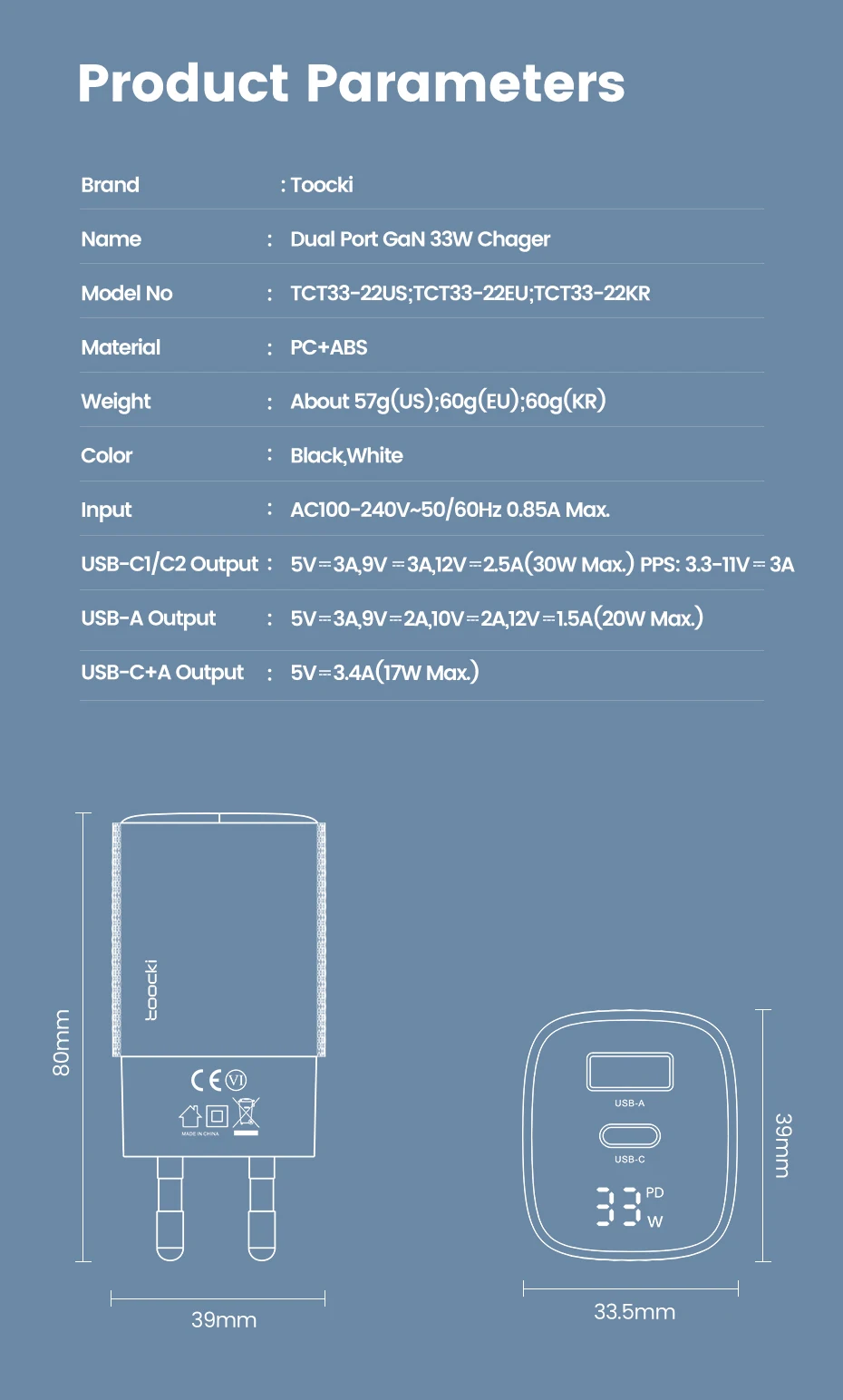 Toocki 33W GaN USB C Charger Digital Display Fast Charging Type C Charger for iPhone 15 14 13 12 Samsung Galaxy S23 S22 Xiaomi
