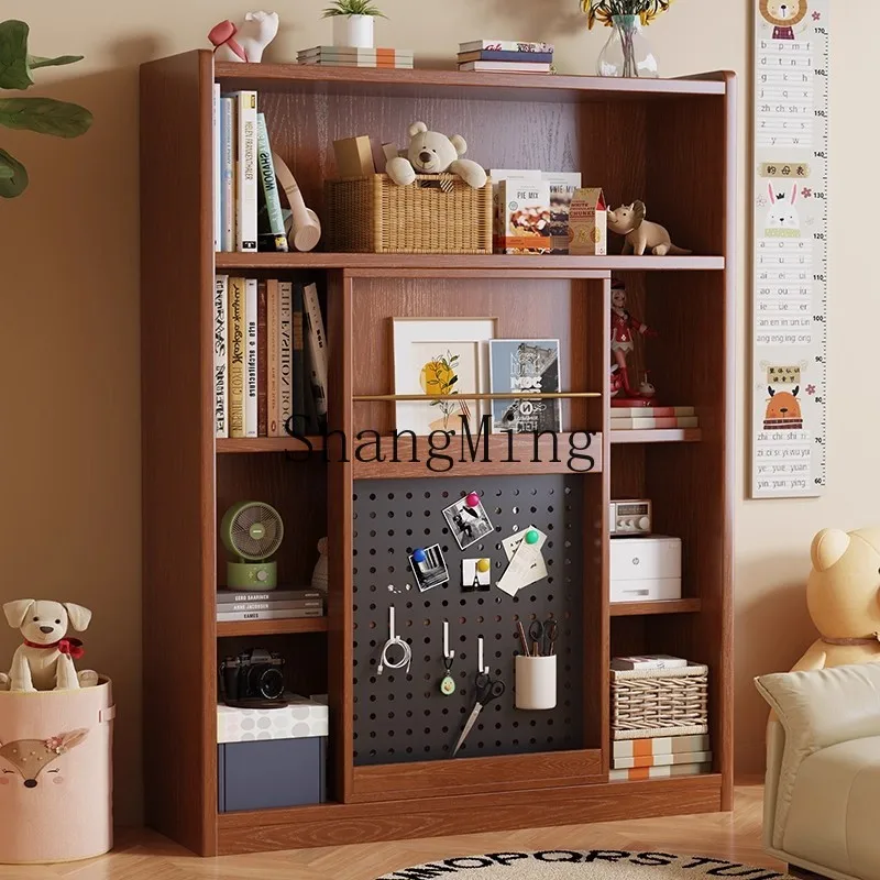 FG solid wood bookshelf floor-to-ceiling storage cabinet integrated living room wall multi-layer picture book rack sliding door