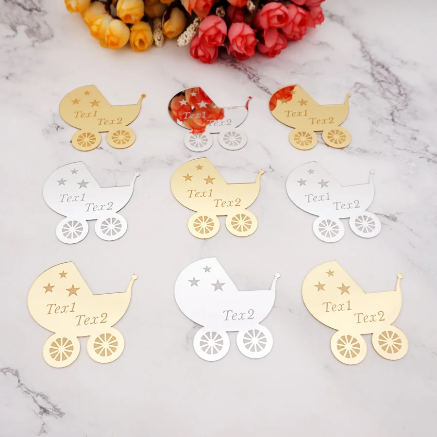 6x6cm Personalized Baby Carriage Mirror Acrylic Sticker Custom Name Party Decor Favors Invitation Card Party Guest Gifts