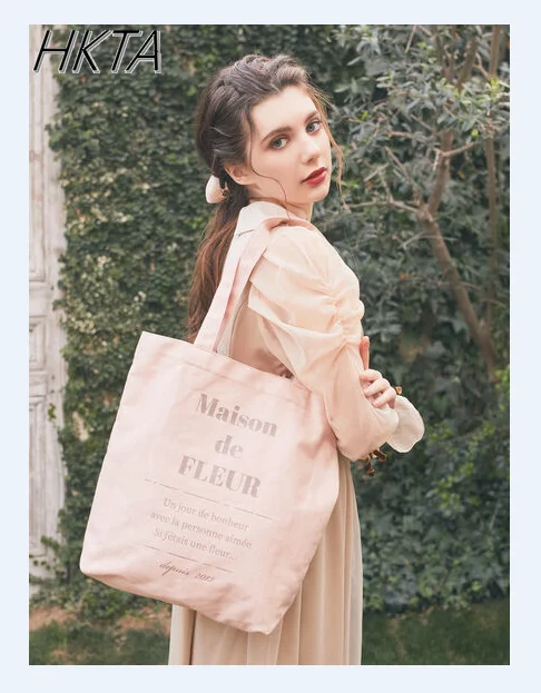 

Japanese Fashion Casual Pear Blossom Letter Printing Summer Canvas Bag Printing One Shoulder Portable Tote Bag Large Capacity