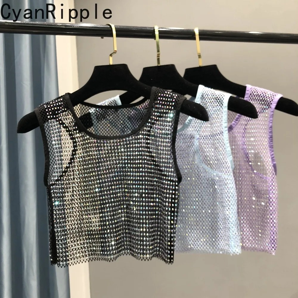 Blingbling New Summer Shiny Crystal Mesh Crop Tanks Top Women Bare Midriff O-neck Pullover Top Hot Diamonds Sleeveless T-shirt