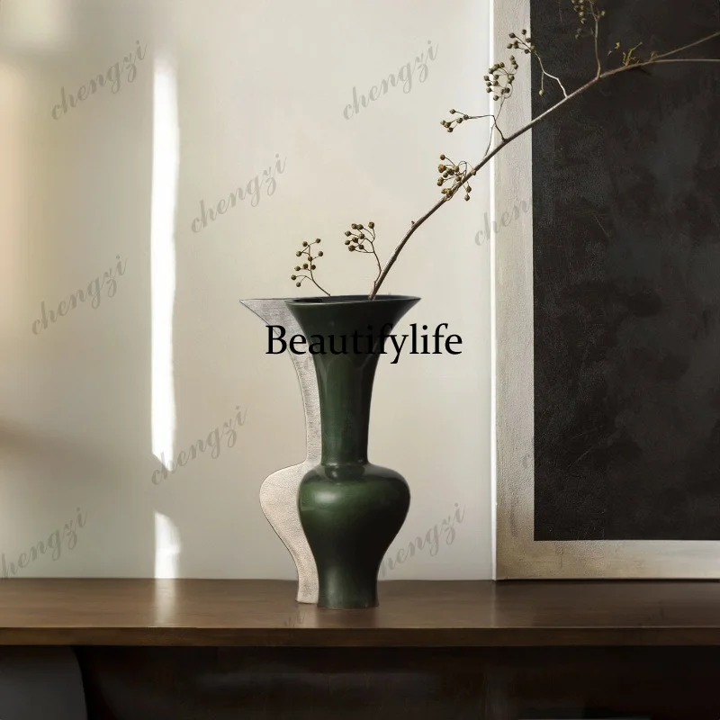French avocado green big-bellied slender-neck ceramic vase ornament, light luxury home art flower vessel