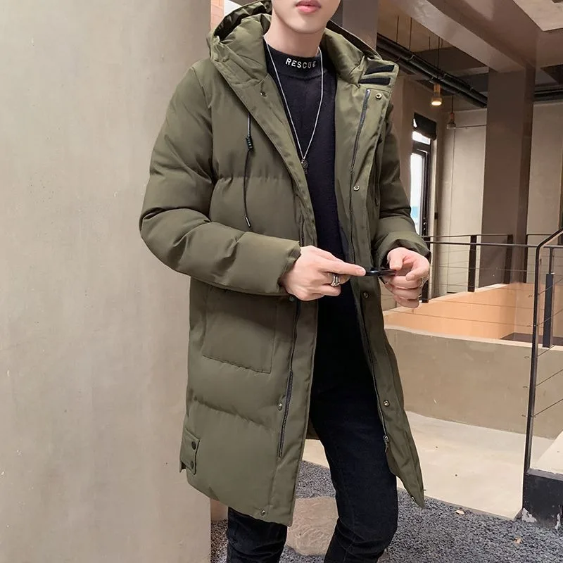 جديد الشتاء موضة تنوعا سميكة الدافئة معطف أسفل القطن وسادة مبطنة الرجال العصرية منتصف طول مقنعين القطن وسادة مبطنة