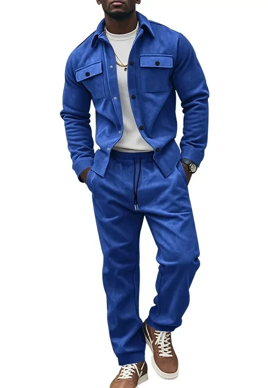 

Autumn and winter Amazon European and American jacket and casual pants two-piece men's clothing pure color men's suede suit