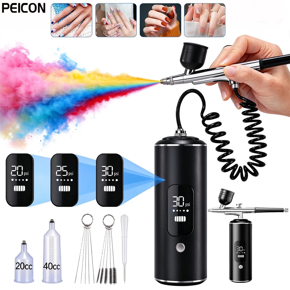Portable Airbrush Kit with Compressor Rechargeable Cordless Handheld Air Brush Gun Adjustable LCD Display for Nail Art Makeup