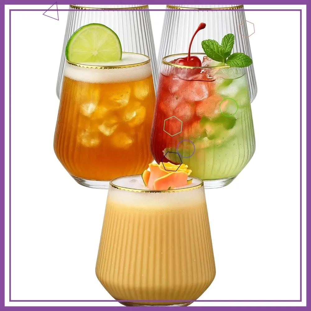 

40 Count Unbreakable Stemless Plastic Wine Glasses, Gold Rim Ribbed Design for Indoor Outdoor Use