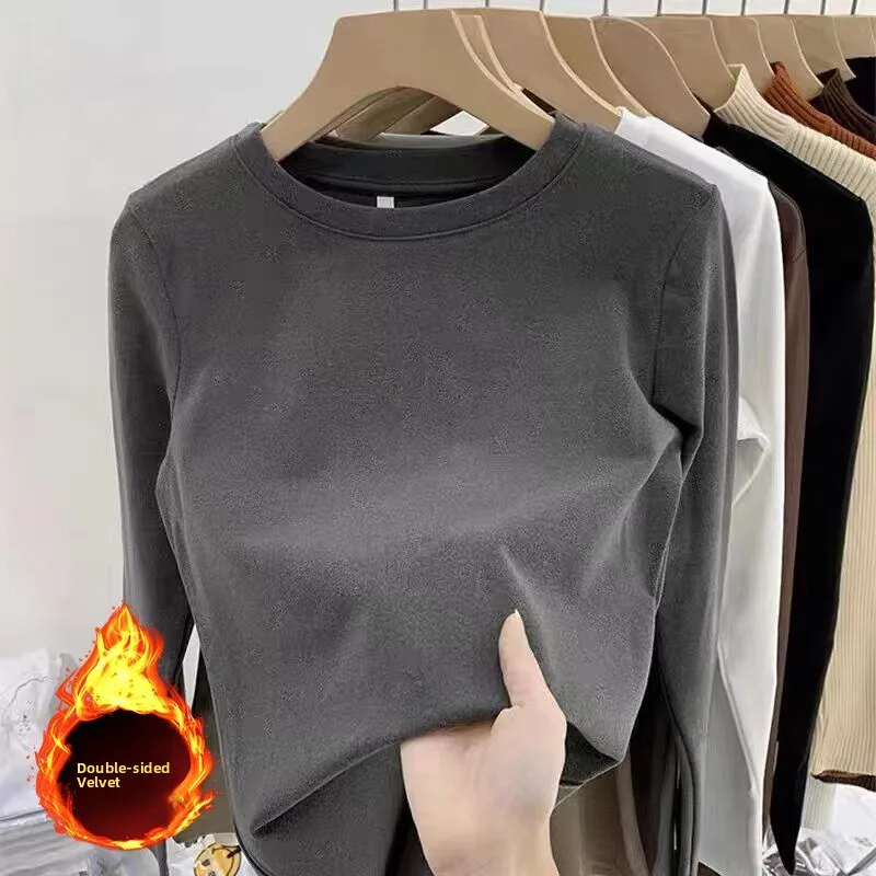Women's round Neck Base Shirt 2026 Autumn Winter New Style Pure Color Slim Fit Inner Wear Fleece Lined Thick Long Sleeve Top