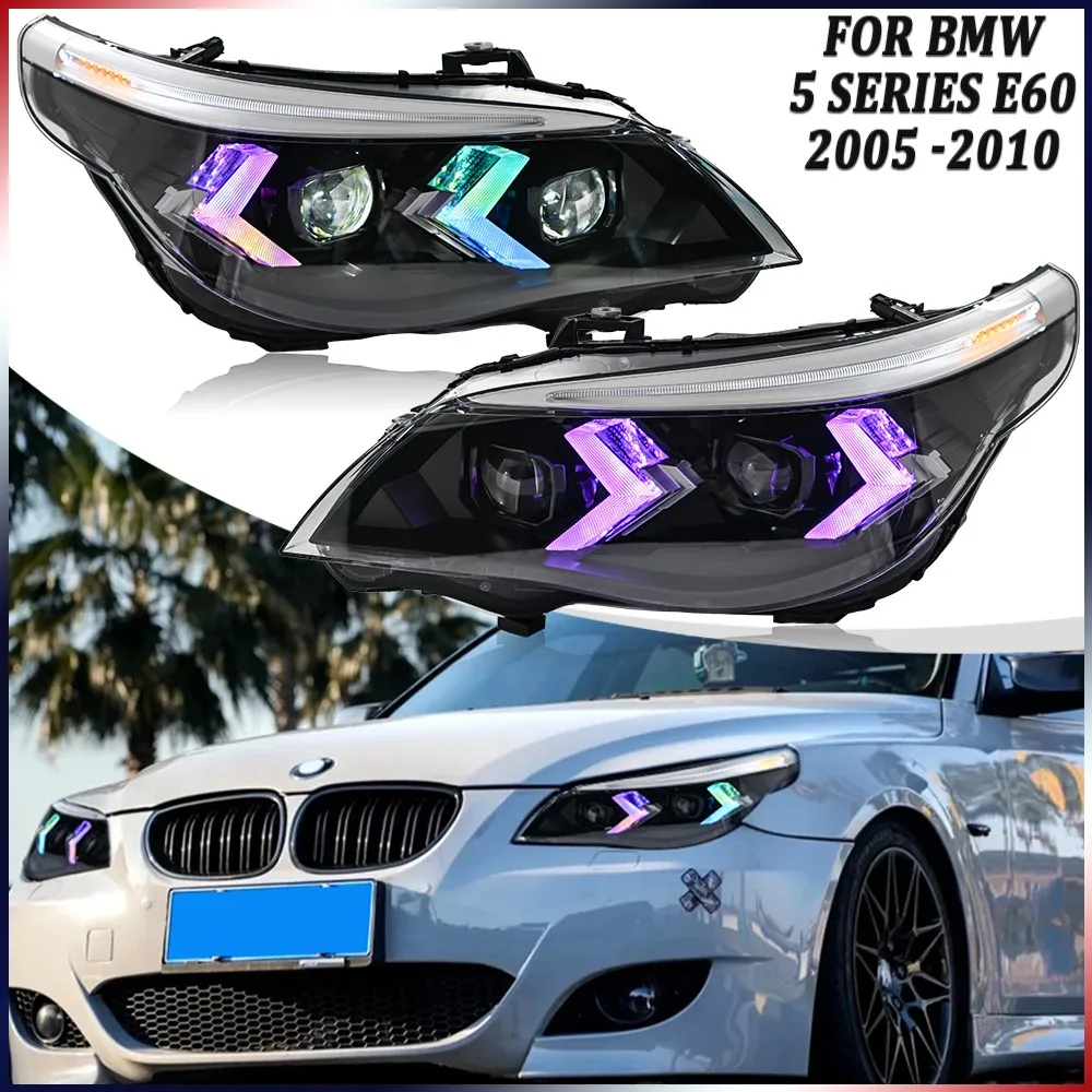 

1 пара светодиодных фар RGB в сборе для BMW 5 серии E60 2005-2010 передние лампы в сборе, аксессуары для фар DRL