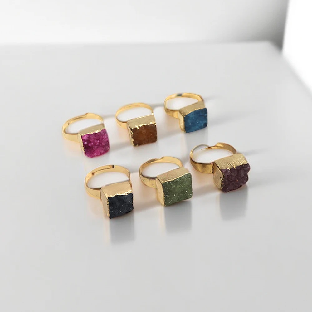 Natural Stone Quartz Crystal Rings Adjustable Finger Rings Square Gem Ring for Women Wedding Accessories Fashion Jewelry Gifts