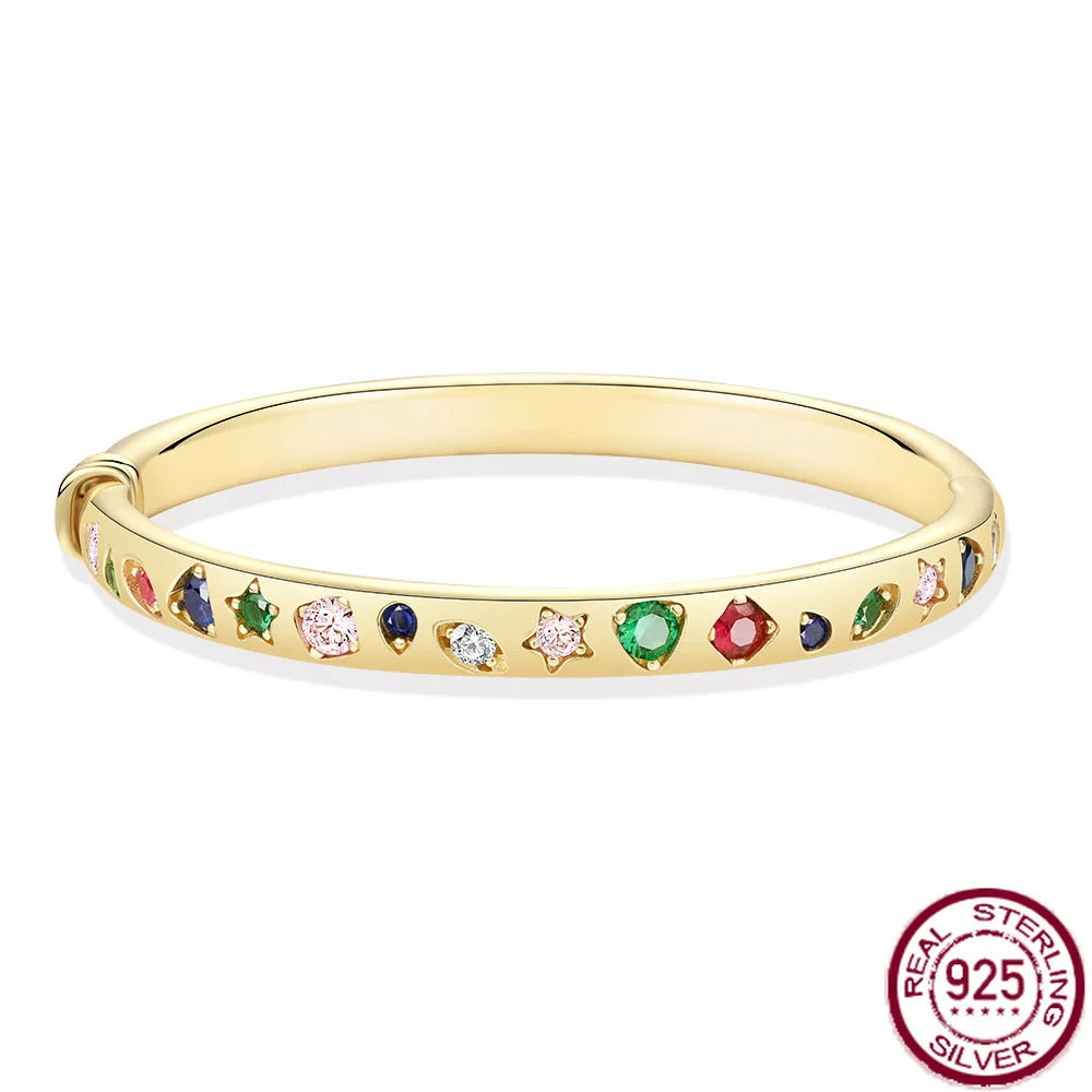 

New S925 pure silver inlaid rainbow red/blue treasure gold bracelet with starry design, gorgeous and fashionable wedding jewelry