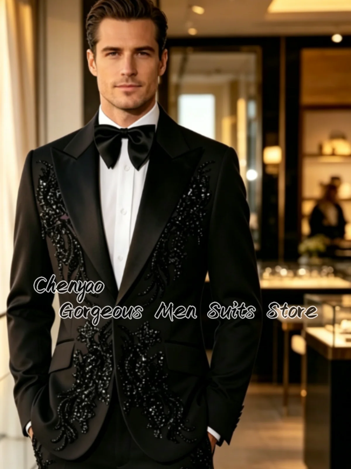 Classic Crystal Beaded Floral Embroidery Men Suits Customized Groom Tuxedos 2 Piece Sets Male Prom Blazers Elegant ropa hombre