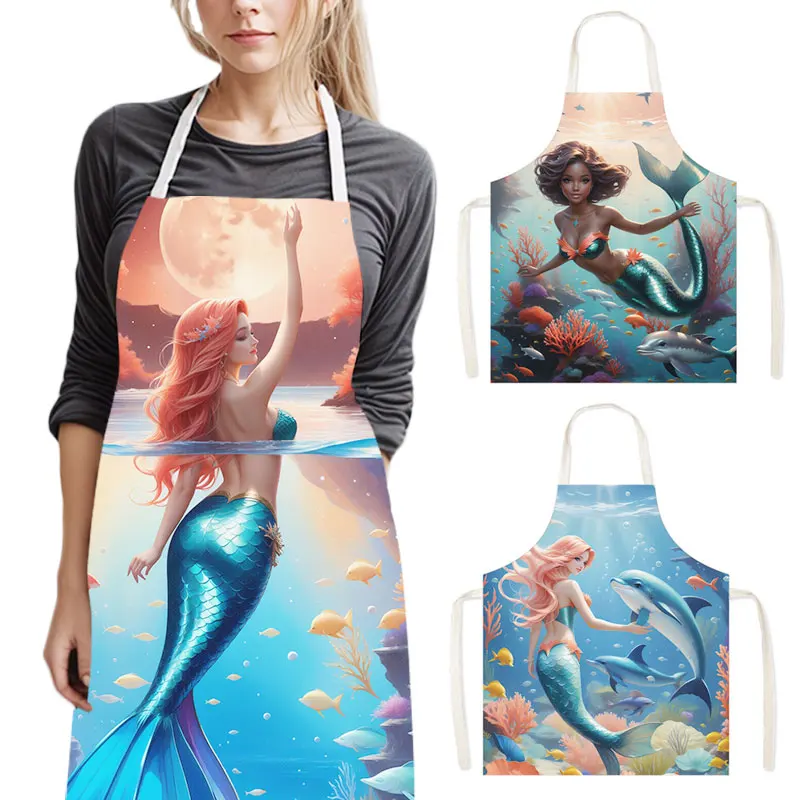 Cartoon Mermaid Dolphin Print Cooking Apron Women Linen Pinafore Afro Girl Home Cleaning Clothing Waiter BBQ Chef Kitchen Aprons