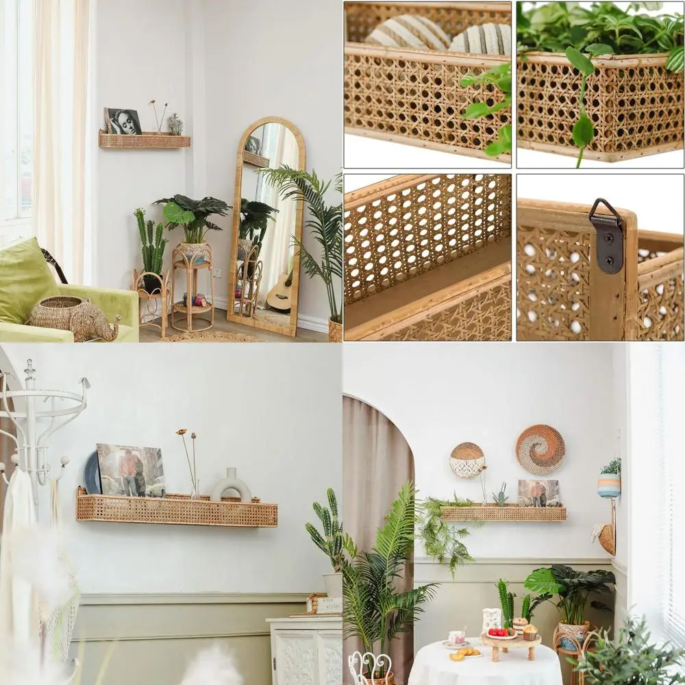 

Длинные настенные полки в стиле бохо из ротанга, плетеные настенные корзины-органайзеры для хранения, деревенские плавающие подвесные полки для гостиной