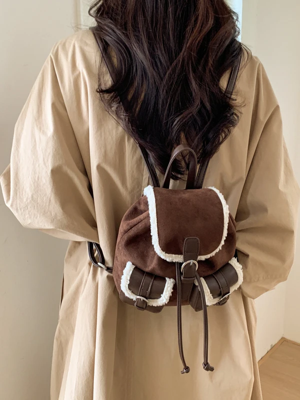 

Retro Flocking Suede Double Shoulder Bag Women's Casual Commuter Backpack Large Capacity Autumn Winter New Style Trendy