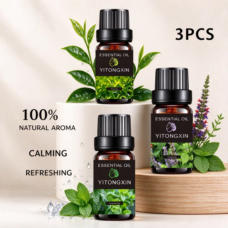 3Pcs Plant Essential Oil (Peppermint+Tea tree+Patchouli) 10ml Per Bottle, Suitable For Body Massage Care
