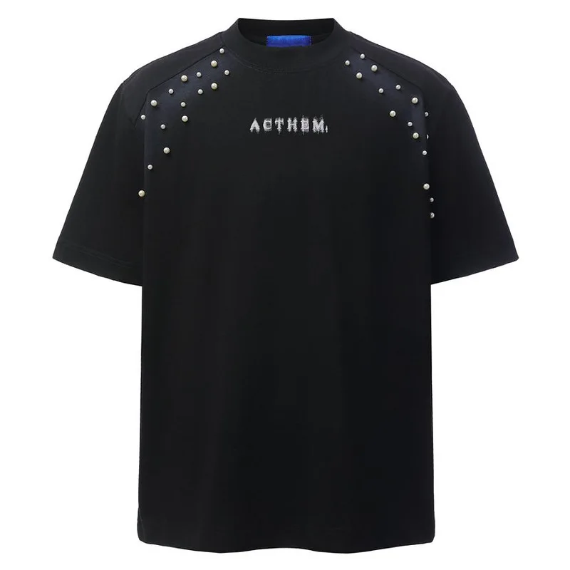 Men's Summer Hip Hop Tees With Pearls Fashion High Streetwear Loose Fit Y2K T Shirt Oversized Short Sleeve Tops For Male